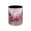 Floral ceramic mug with "Just A Mom Who Loves Dogs" text and pink flowers, perfect gift for dog-loving moms.