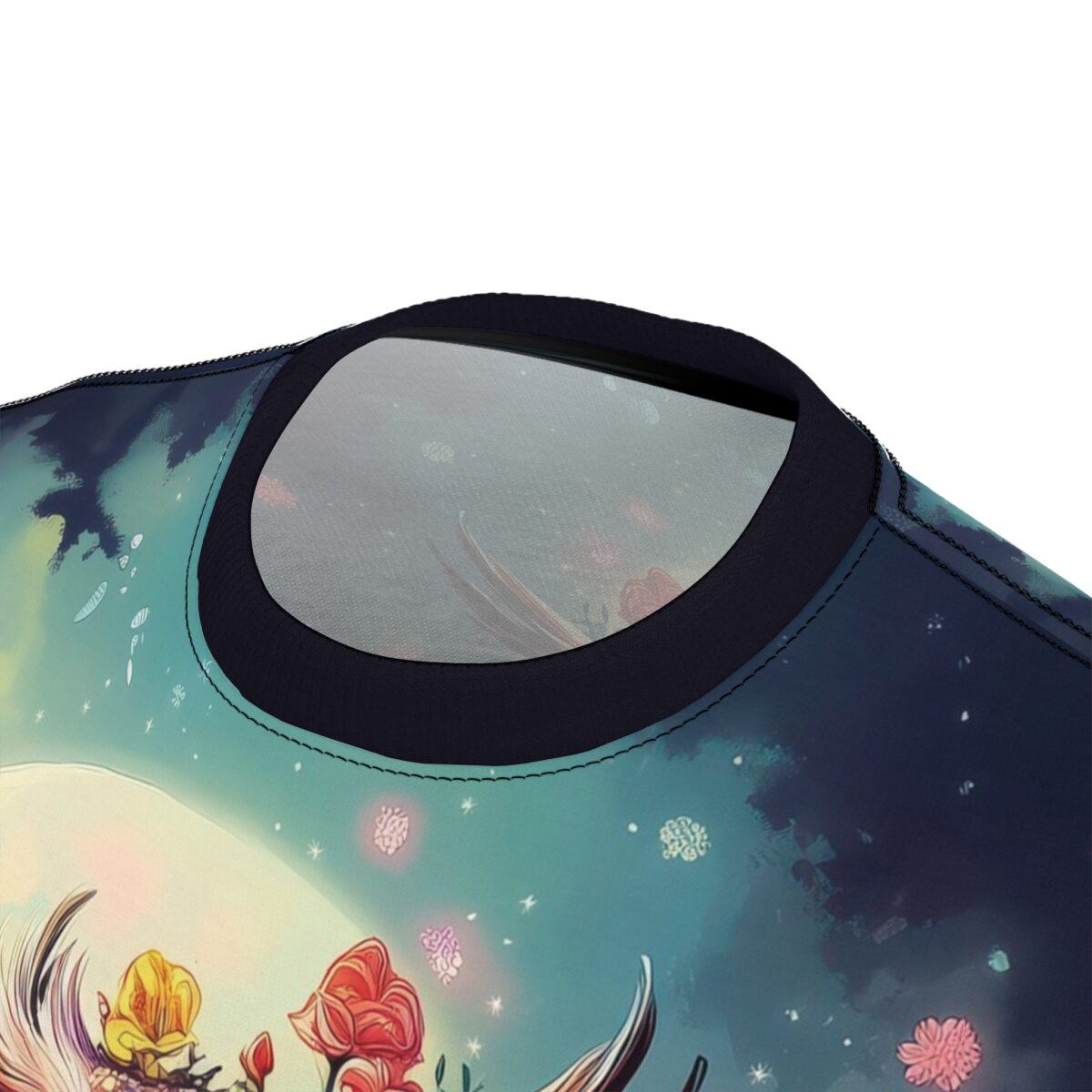Close-up of a t-shirt collar with a watercolor-style print featuring celestial elements, flowers, and a dreamy atmosphere.