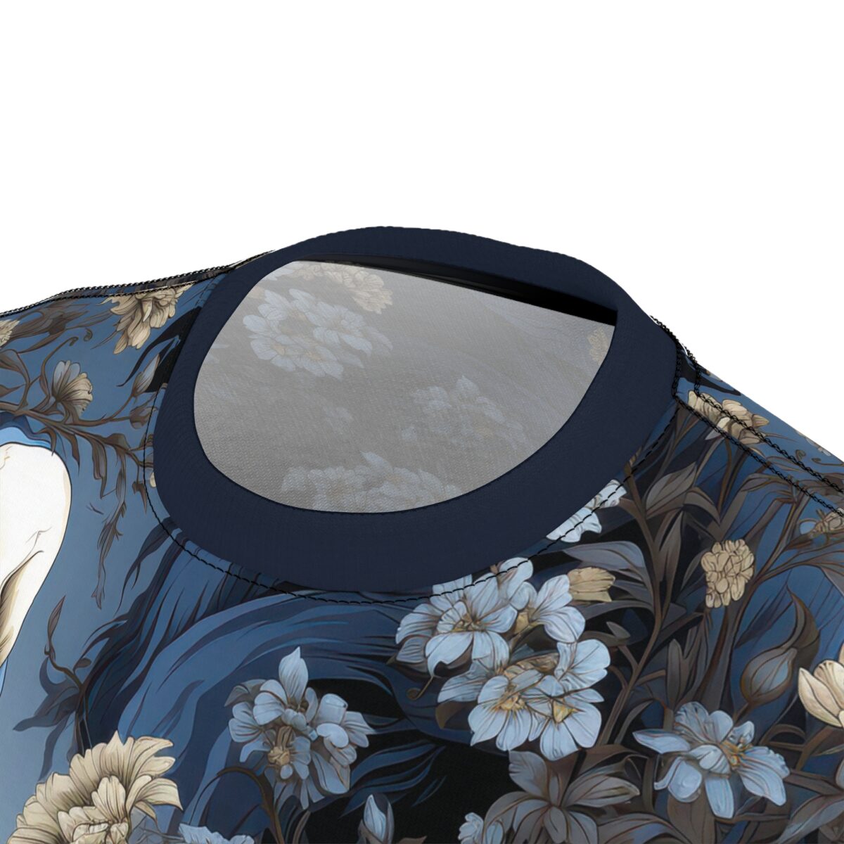 Deep blues and muted golds cover this sublimation graphic tee, with delicate floral patterns and hints of a skull motif.