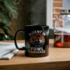 Funny chicken cowboy graphic mug reading 'Fluent in Fowl Language' with vintage sunset.