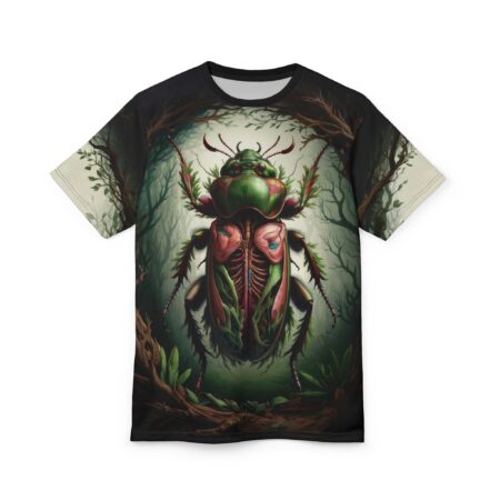 Deep greens, reds, and earthy browns cover this oversized full print tee, depicting a detailed anatomical beetle merged with lush forest foliage.