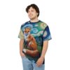 Orange fox sitting on a rock with a Starry Night-inspired background, all over print sublimation tee.