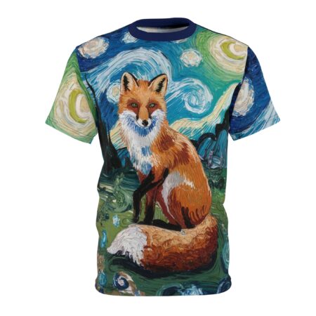 Swirling blues, greens, and yellows cover this seamless pattern tee, depicting a fox in a Van Gogh-inspired landscape.