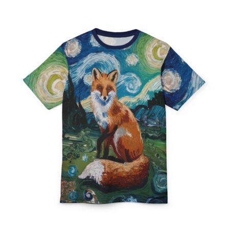 Swirling blues, greens, and yellows in Van Gogh-esque brushstrokes cover this oversized full print tee, depicting a contemplative fox in a starry night landscape.