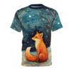 Orange fox in a starry night sky landscape, watercolor art sublimation tee.