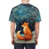 Sitting fox graphic all over print sublimation tee featuring a starry night sky and whimsical trees.