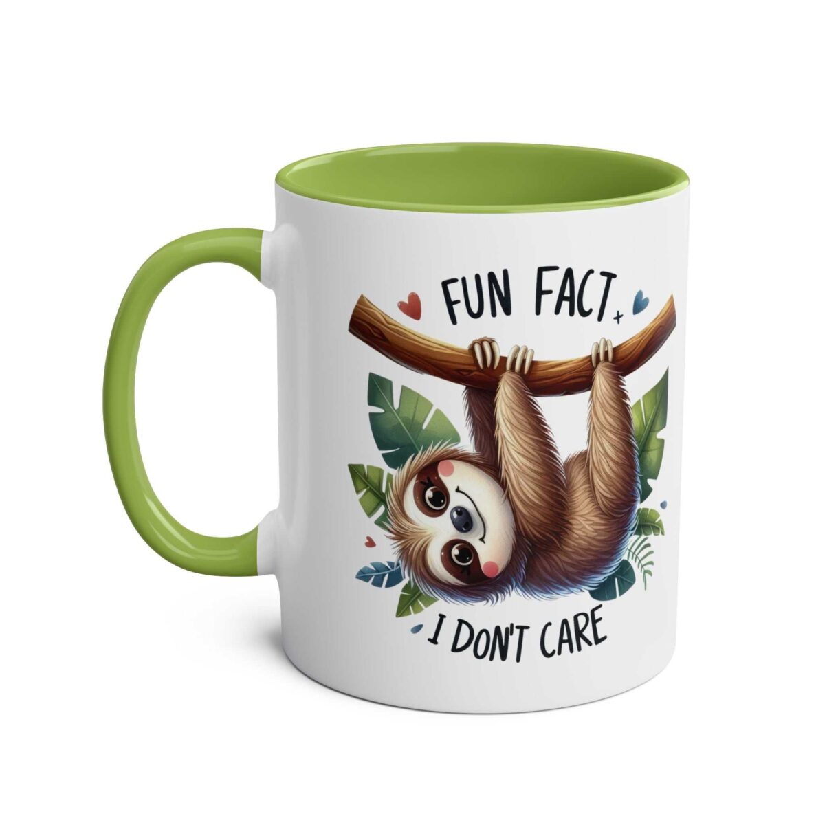 A white ceramic mug with a green interior and handle, featuring a cute sloth hanging from a branch with leaves and the text "FUN FACT + I DON'T CARE".