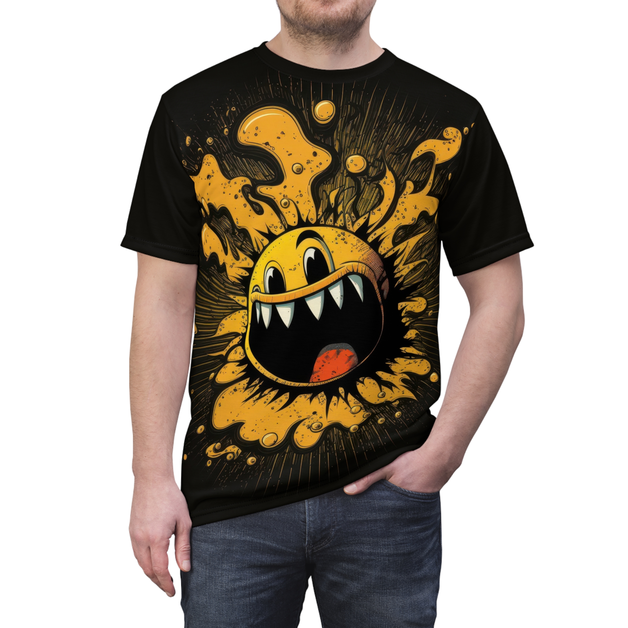 Vibrant Fun Graphic Unisex Tee - Smiling Monster Design – eye-catching full print casual top
