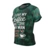 Green marbled textures cover this sublimation graphic tee, depicting bold typography, coffee cup motif.