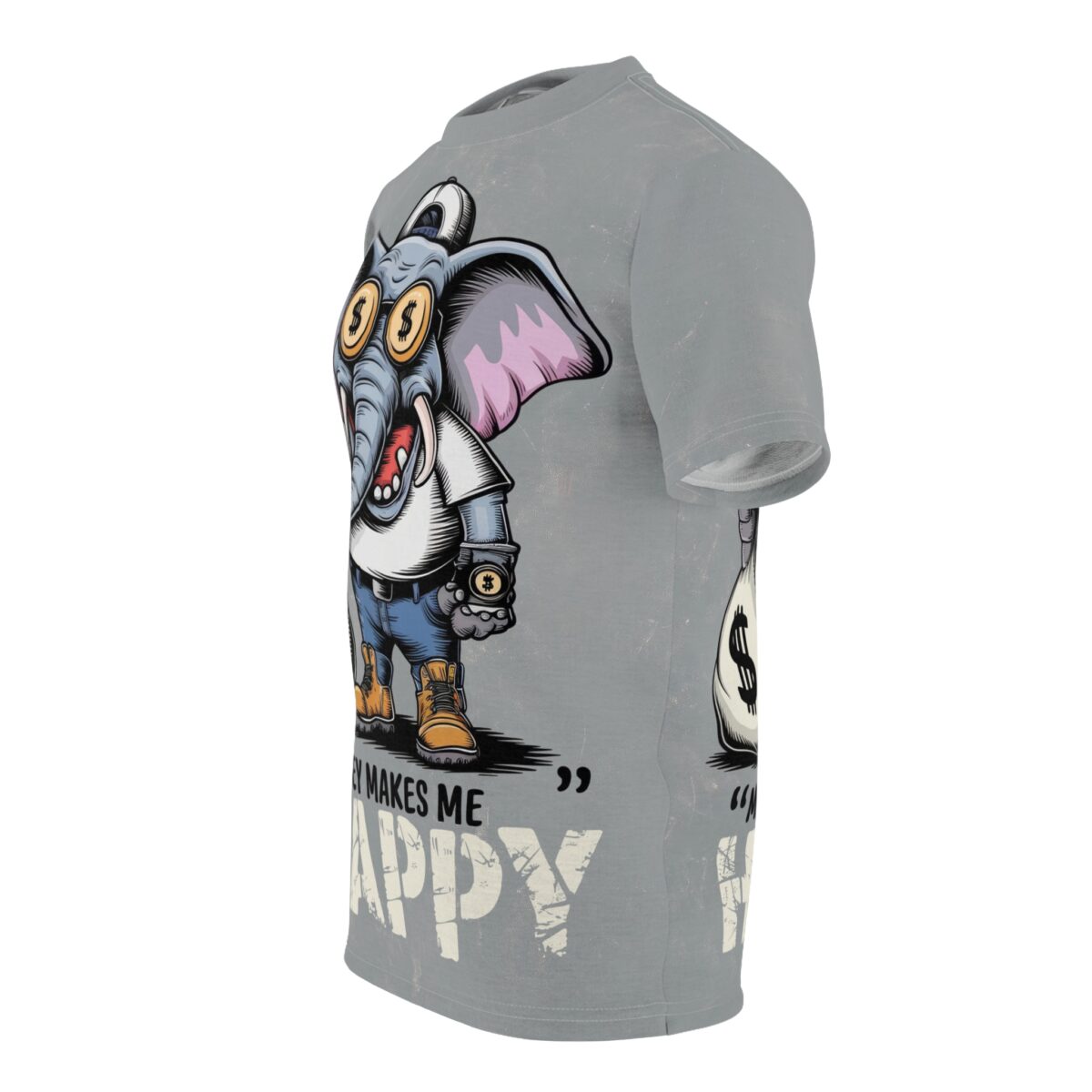 A cartoon elephant wearing jeans, a t-shirt, and boots, with dollar signs for eyes, holding a coffee cup with a dollar sign and standing next to a bag of money.