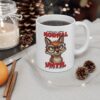White ceramic mug with a sarcastic fox wearing glasses and humorous text.