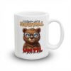 White ceramic mug with a grumpy cartoon bear wearing glasses and a sarcastic slogan.