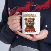 White ceramic mug with a grumpy bear wearing glasses and a funny quote.