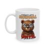 White ceramic mug with a grumpy cartoon bear wearing glasses and text that reads 