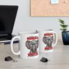 White ceramic mug with a humorous illustration of a cartoon elephant wearing glasses and a sarcastic expression.