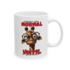 A white ceramic coffee mug with a humorous graphic of a giraffe wearing glasses and a funny quote.