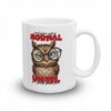 White ceramic mug with a sarcastic owl wearing glasses and a witty phrase.
