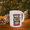 White ceramic mug with a sarcastic owl graphic and text.
