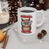 White ceramic mug with a cartoon owl wearing glasses and a funny saying in red.