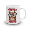 White ceramic mug with a cartoon owl wearing glasses and the text 