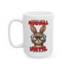 White ceramic mug with a grumpy cartoon rabbit wearing glasses and a sarcastic quote.
