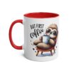 White ceramic mug with a red interior and handle. Features a watercolor illustration of a sloth wearing sunglasses, holding a coffee cup, with text "BUT FIRST coffee".