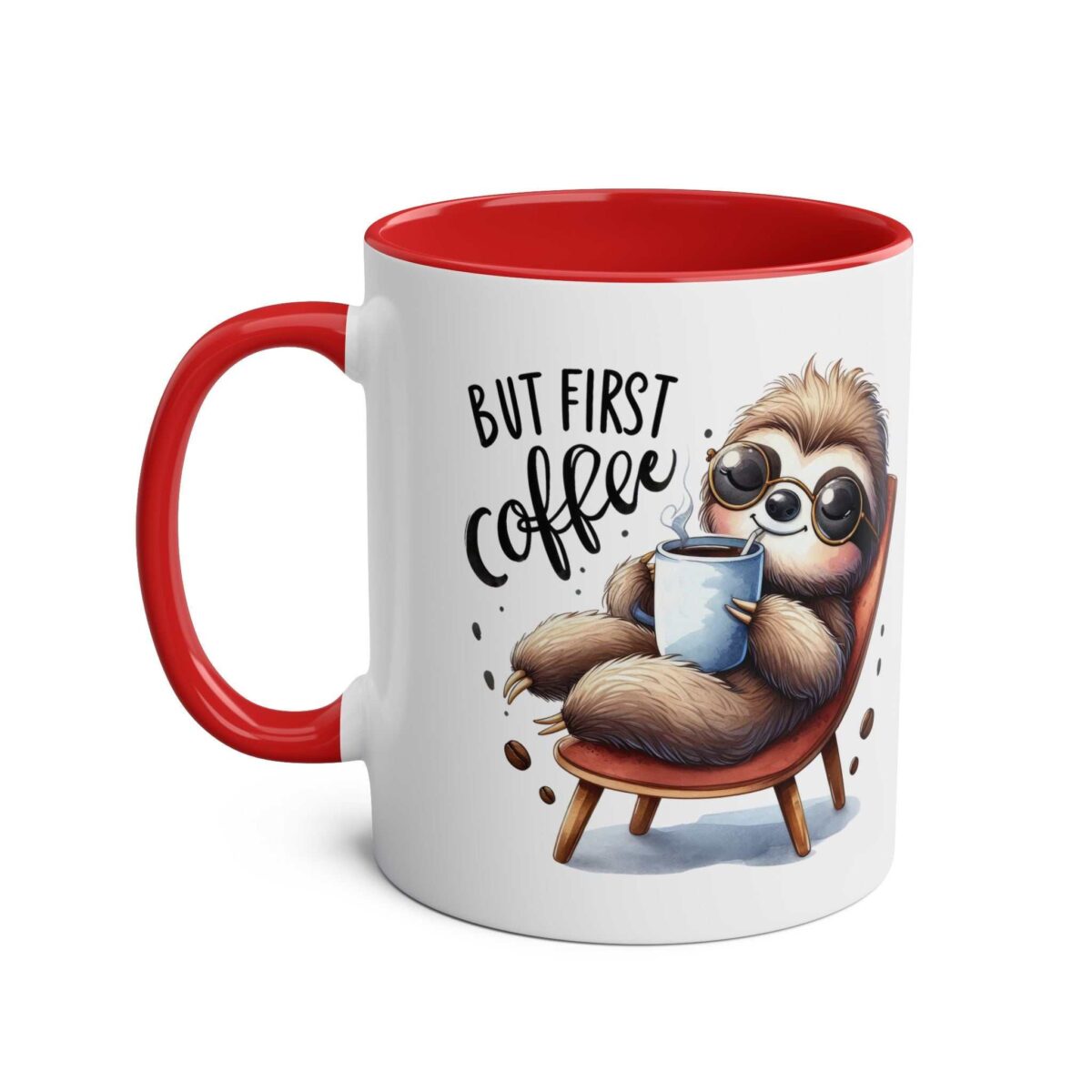 White ceramic mug with a red interior and handle. Features a watercolor illustration of a sloth wearing sunglasses, holding a coffee cup, with text "BUT FIRST coffee".