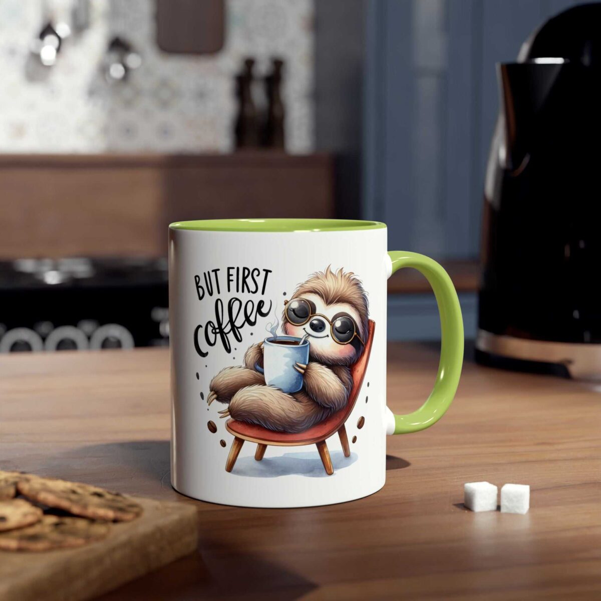 White ceramic mug with a vivid green handle and rim, featuring a cute sloth illustration enjoying coffee.