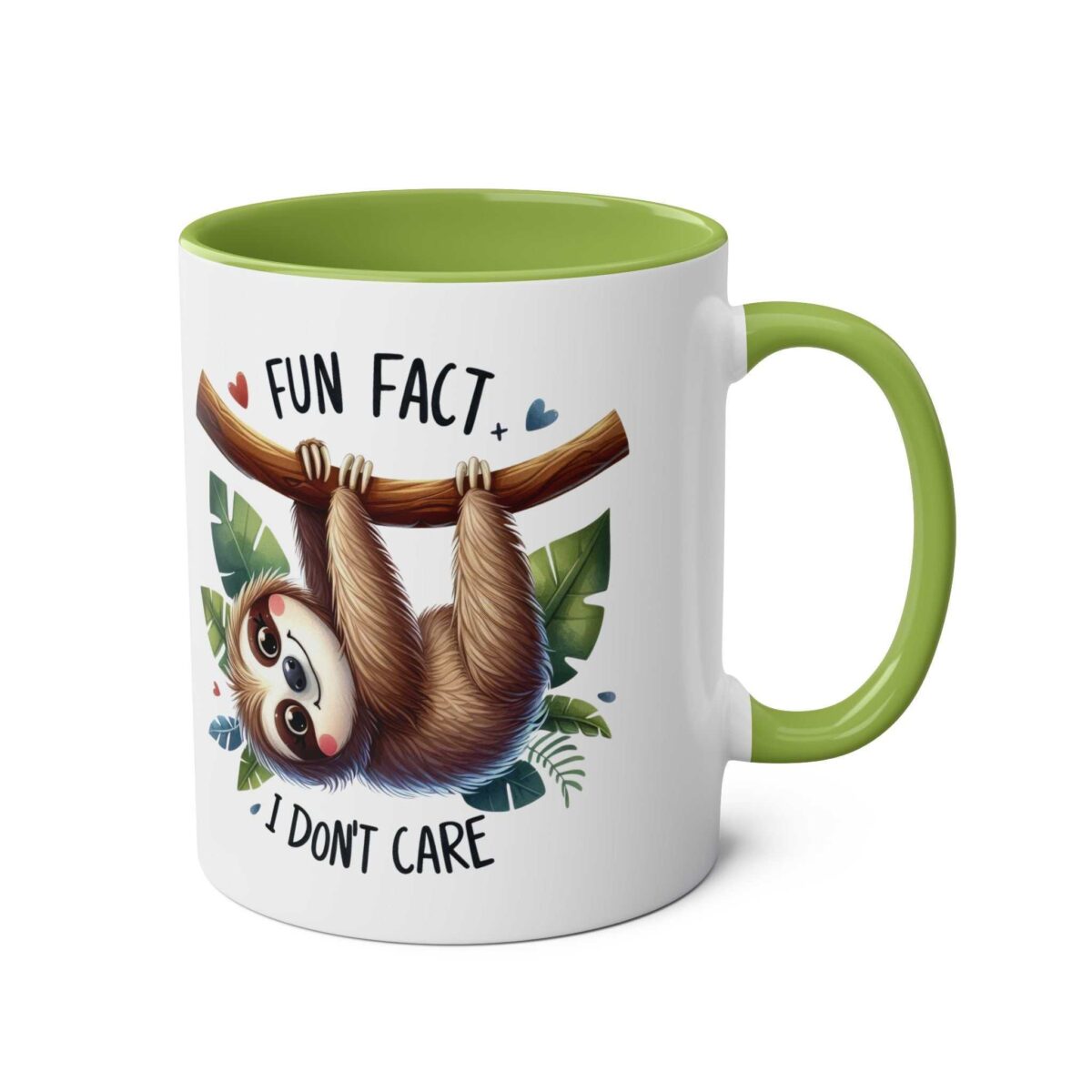 White ceramic mug with a green interior and handle. Features a sloth graphic with text "FUN FACT" and "I DON'T CARE".