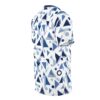 Navy blue, light blue, and grey geometric shapes like triangles, circles, and lines cover this graphic streetwear tee, with a white background.