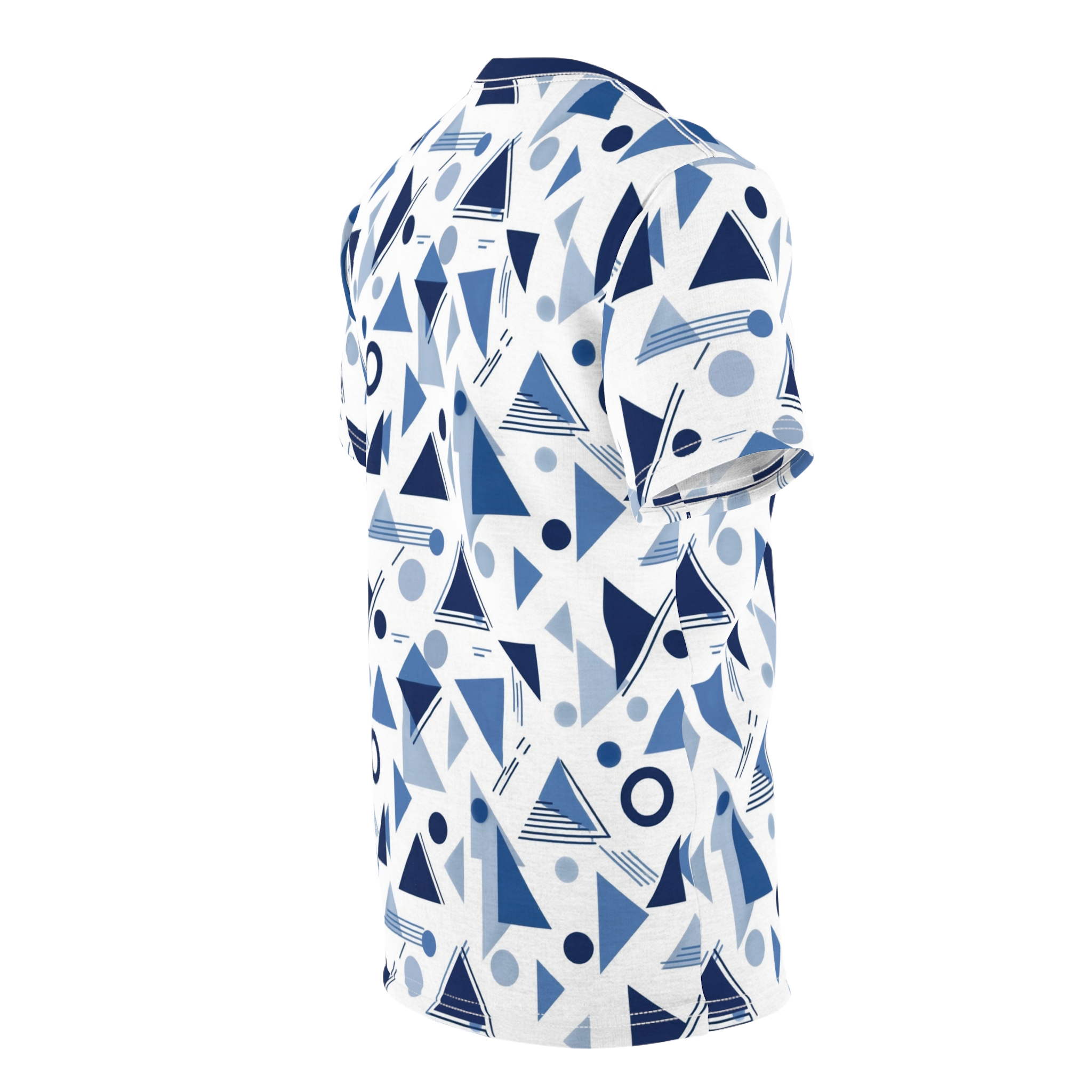 Navy blue, light blue, and grey geometric shapes like triangles, circles, and lines cover this graphic streetwear tee, with a white background.