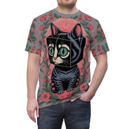 Pink poppies and green leaves cover this full print shirt, with a black cat with green eyes and a cube-shaped head in the center.