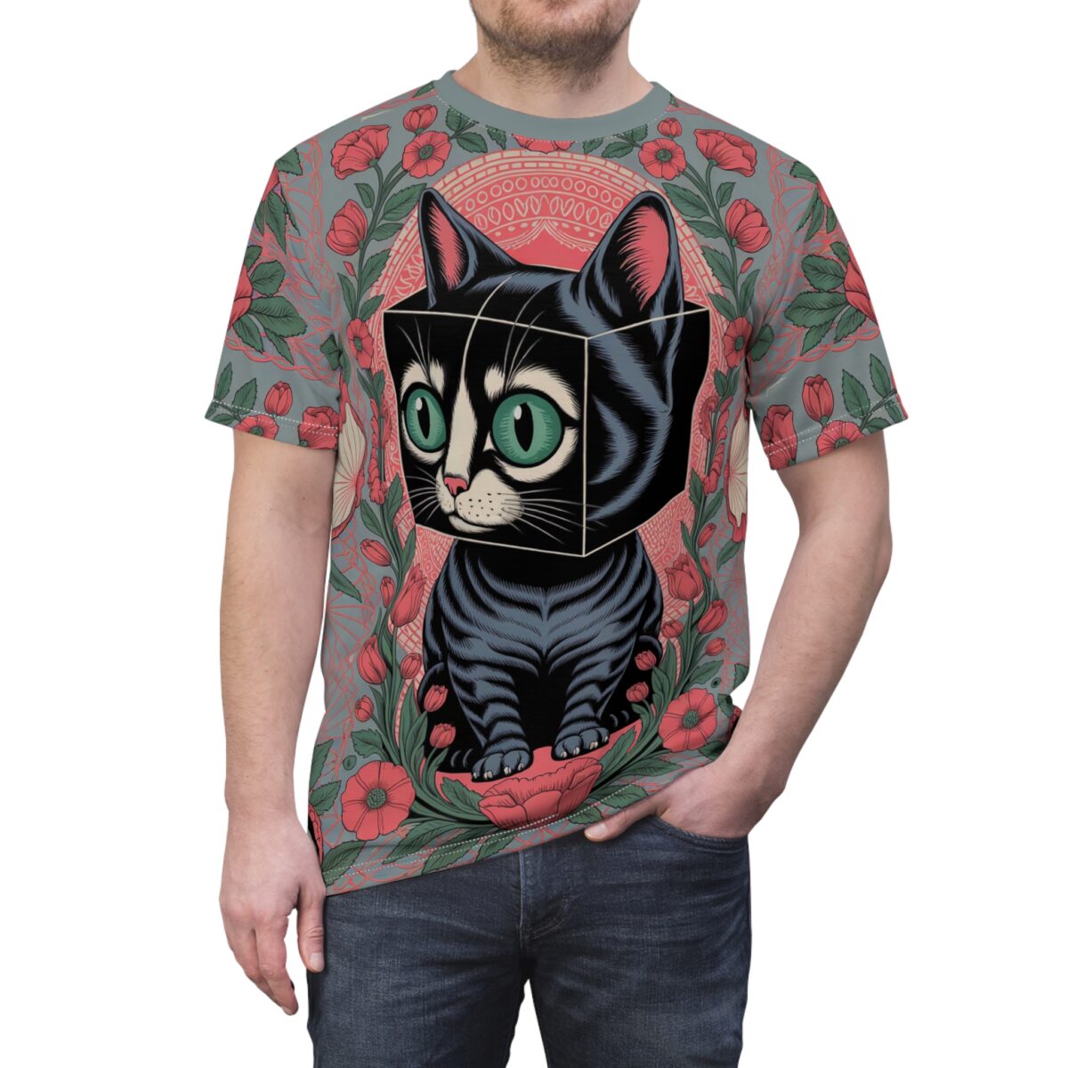 Pink poppies and green leaves cover this full print shirt, with a black cat with green eyes and a cube-shaped head in the center.