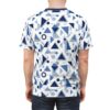 All over print sublimation tee with geometric blue triangles and circles pattern for a modern streetwear aesthetic.