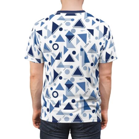 All over print sublimation tee with geometric blue triangles and circles pattern for a modern streetwear aesthetic.