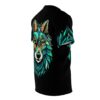 Teal, orange, and green geometric patterns cover this 3D graphic t-shirt, depicting a stylized wolf's head and foliage.