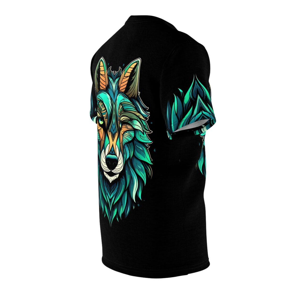 Teal, orange, and green geometric patterns cover this 3D graphic t-shirt, depicting a stylized wolf's head and foliage.