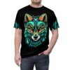 Teal, orange, and green geometric patterns cover this graphic streetwear tee, depicting a stylized wolf's head with fiery mane.