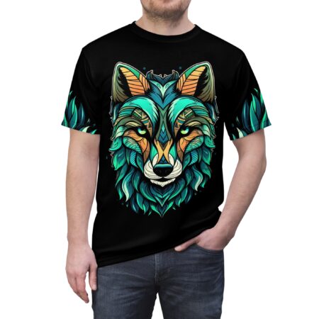 Teal, orange, and green geometric patterns cover this graphic streetwear tee, depicting a stylized wolf's head with fiery mane.