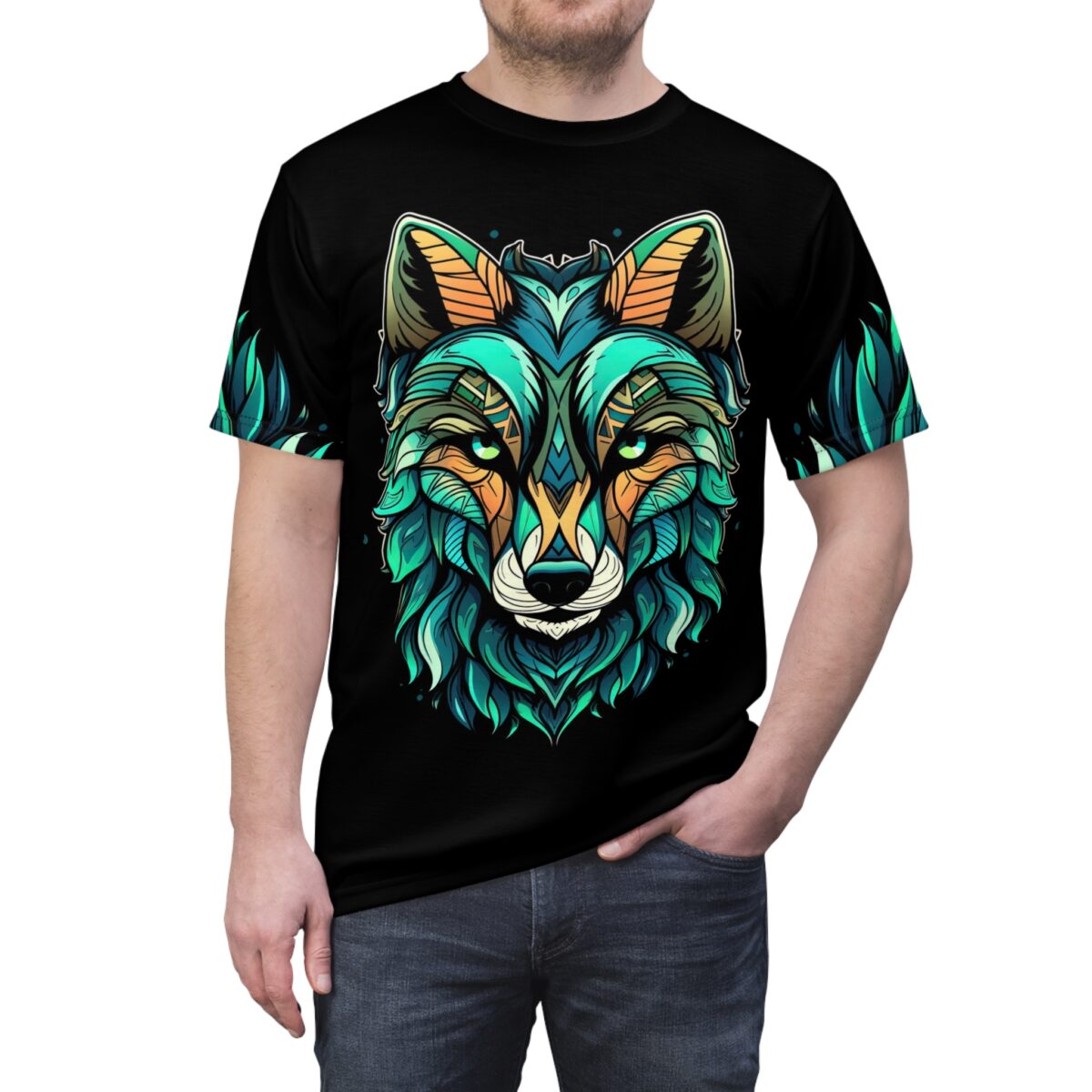 Teal, orange, and green geometric patterns cover this graphic streetwear tee, depicting a stylized wolf's head with fiery mane.