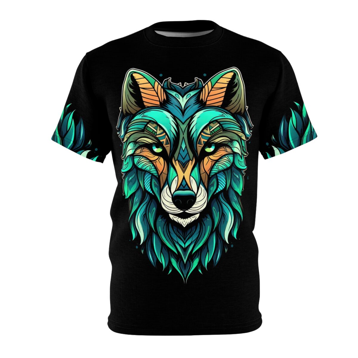 Teal, green, and orange geometric patterns cover this full print shirt, depicting a stylized wolf's face with vibrant leafy accents on the sleeves.