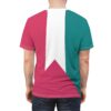 All over print t-shirt displays a magenta, teal color block design, white geometric vertical ribbon graphic, pointed triangle, seamless sublimation technique.
