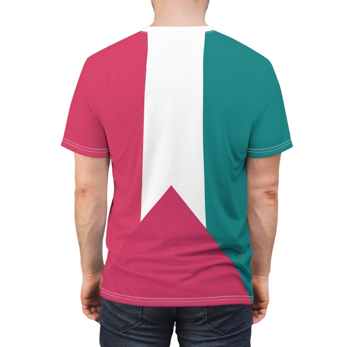 All over print t-shirt displays a magenta, teal color block design, white geometric vertical ribbon graphic, pointed triangle, seamless sublimation technique.