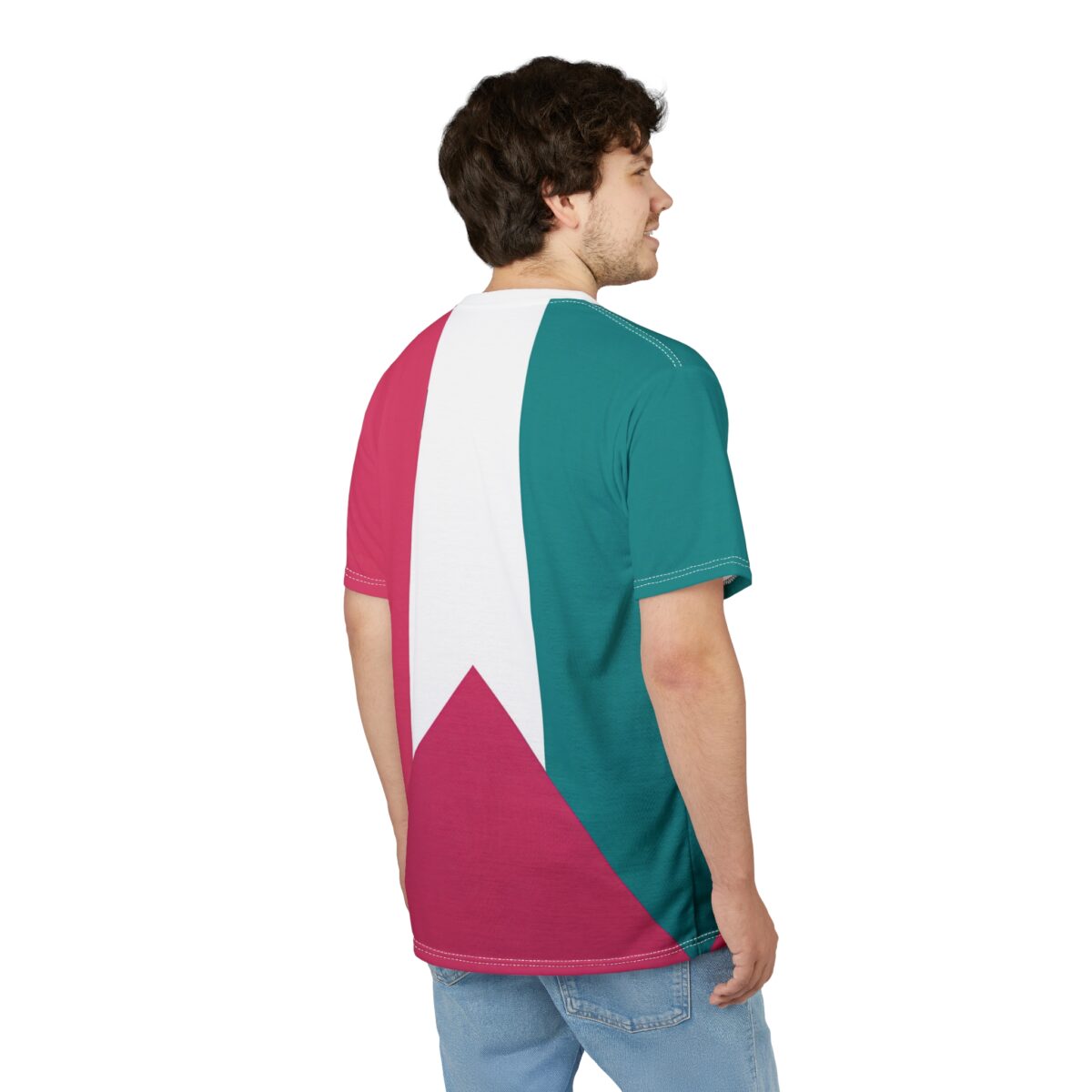 All over print t-shirt, seamless teal, fuchsia, white geometric arrow design, crewneck, back view, streetwear aesthetic.
