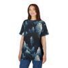 White, grey, and dark blue spooky spirits and shadowy trees cover this all over print apparel, with hints of orange leaves scattered throughout the dark, eerie scene.