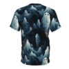 White, wispy ghosts with black eyes fill this dark, forest-themed t-shirt.