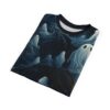 Pale blue ghosts with black eyes drift through a dark, misty forest with bare branches.