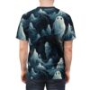 A t-shirt with a dark, spooky pattern featuring numerous white, translucent ghosts floating amidst gnarled trees and shadowy branches. The ghosts have simple black eyes, and small orange leaves are scattered throughout the design.