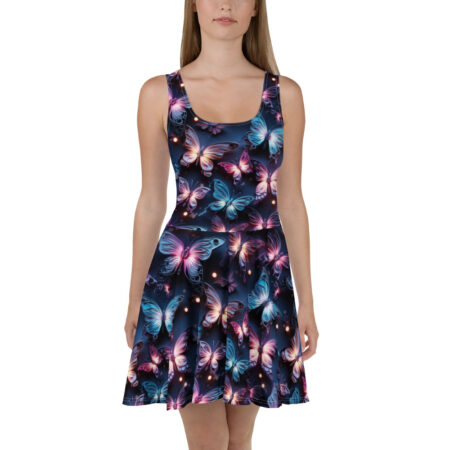 All over print sublimation dress featuring a seamless wrap around graphic of luminous butterflies in pink and blue hues.