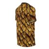 Shimmering gold dragon scales with intricate textures and subtle brown shading cover this full print shirt with a fantasy armor vibe.